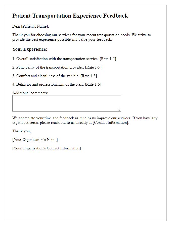 Letter template of feedback on patient transportation experience