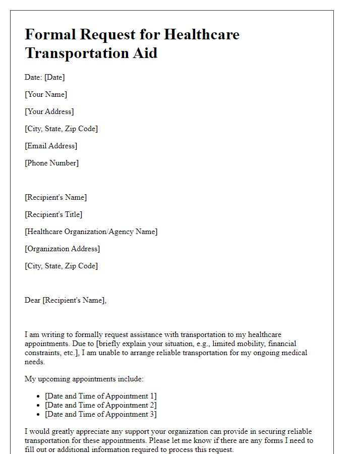 Letter template of formal request for healthcare transportation aid