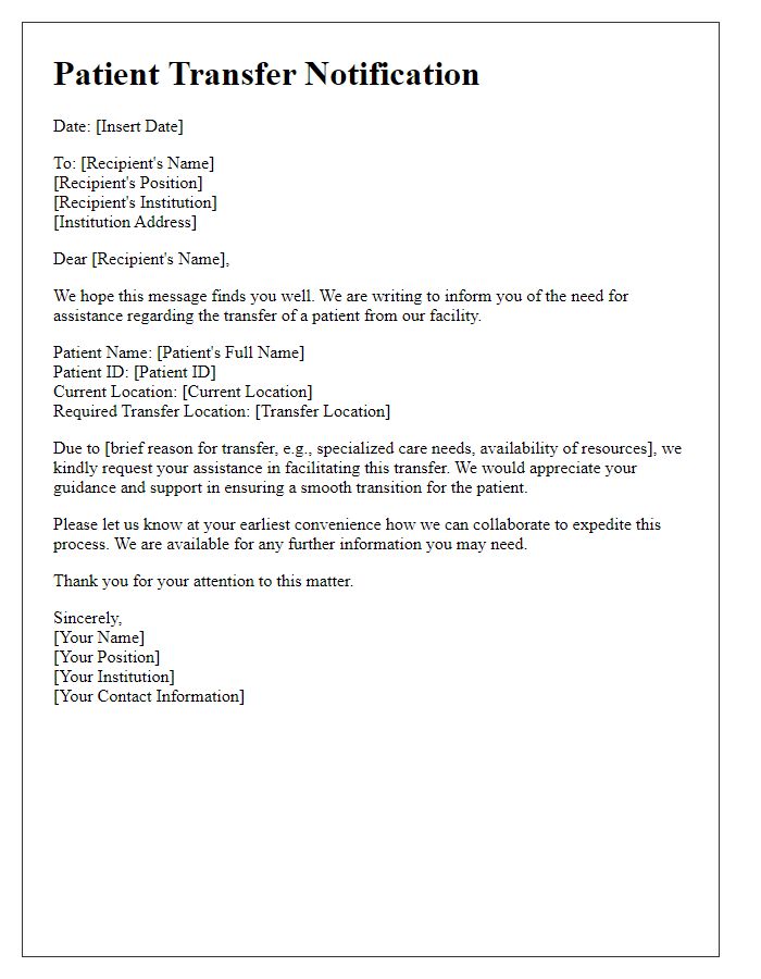 Letter template of notification for need of patient transfer assistance