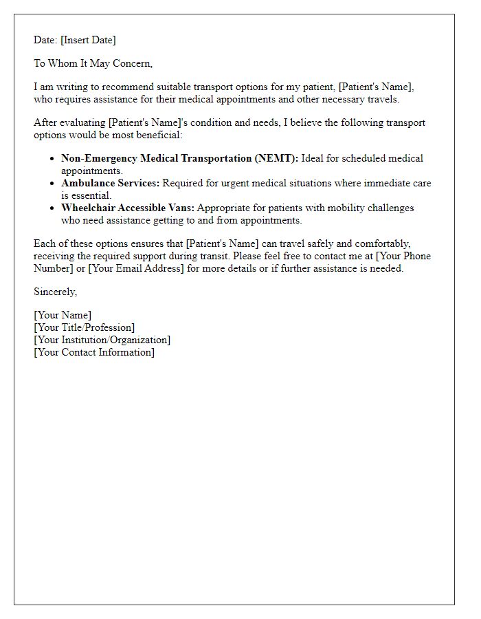 Letter template of recommendation for patient transport options