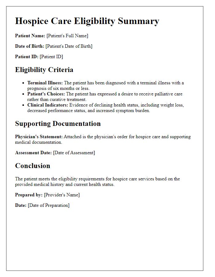 Letter template of hospice care eligibility summary for patient records.