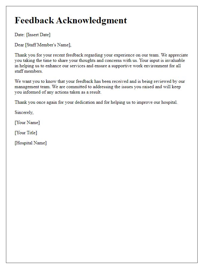 Letter template of hospital staff feedback acknowledgment