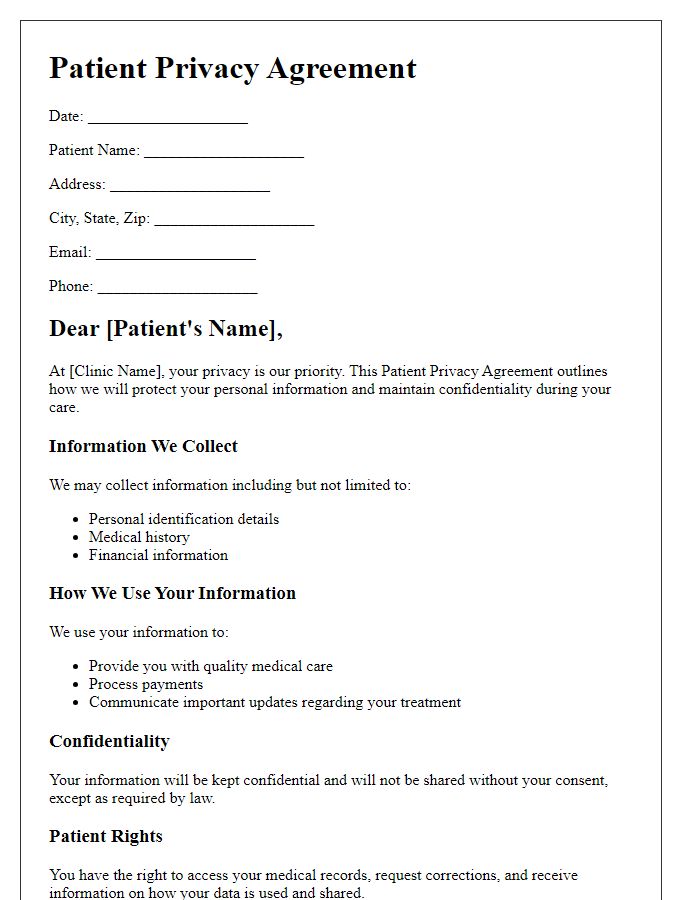 Letter template of Patient Privacy Agreement for Cosmetic Surgery Clinics