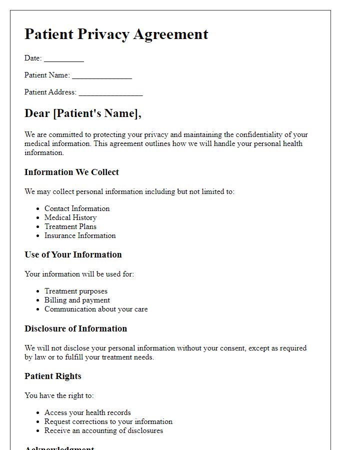 Letter template of Patient Privacy Agreement for Dental Practices