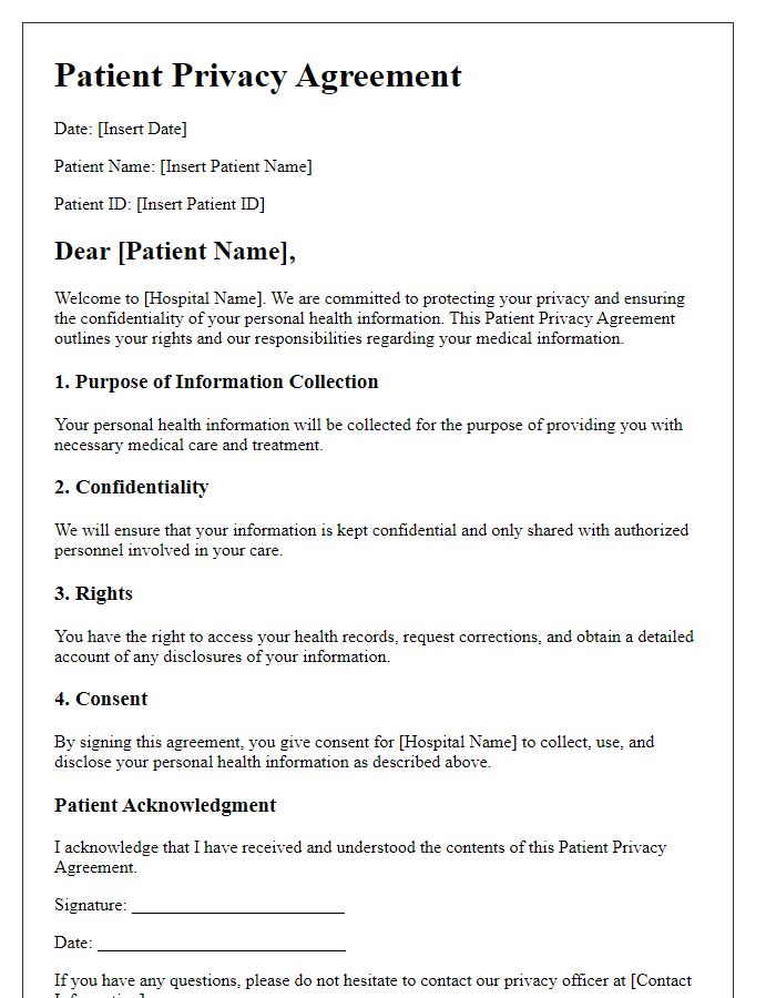 Letter template of Patient Privacy Agreement for Hospital Admissions