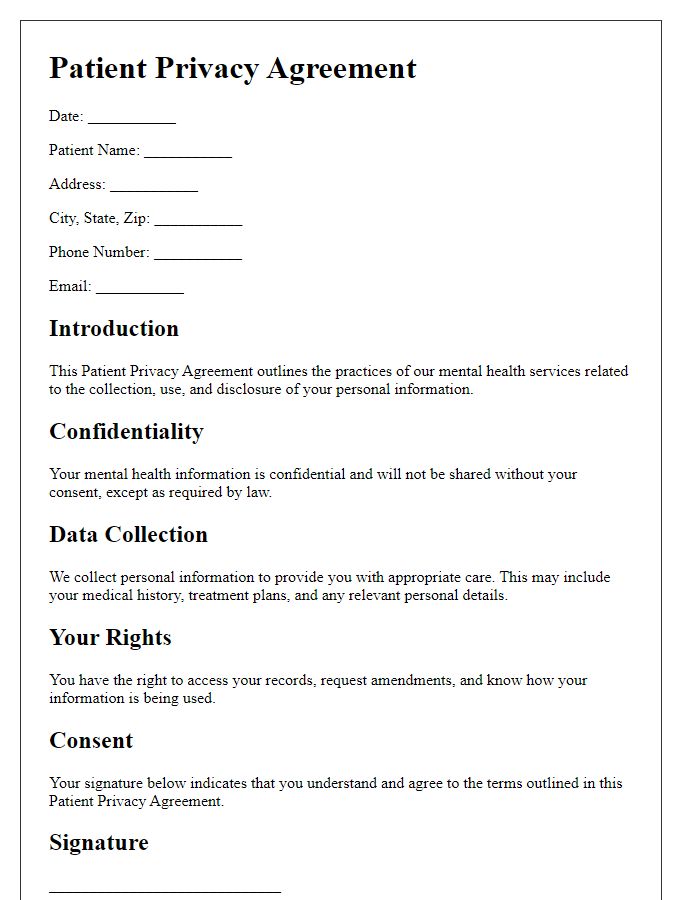 Letter template of Patient Privacy Agreement for Mental Health Services