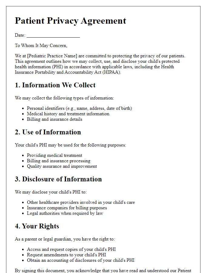 Letter template of Patient Privacy Agreement for Pediatric Practices