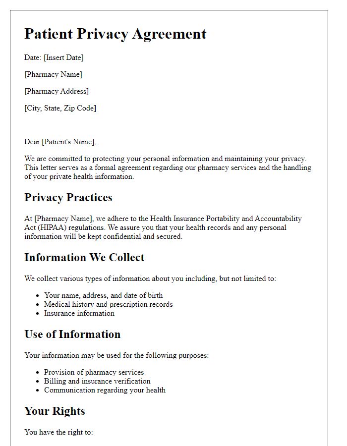 Letter template of Patient Privacy Agreement for Pharmacy Services