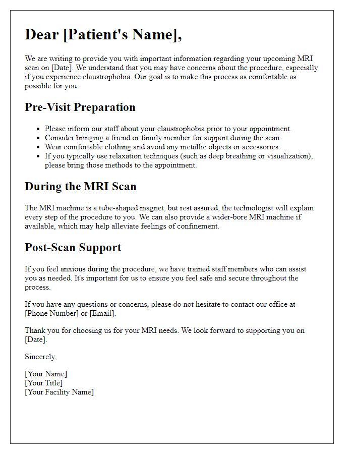 Letter template of MRI scan preparation for claustrophobic patients