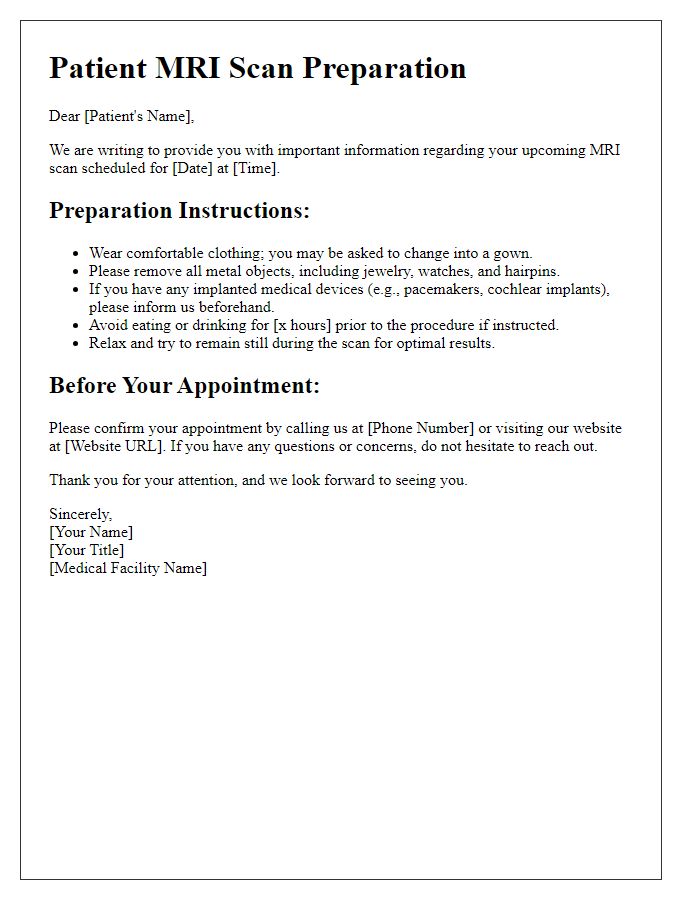 Letter template of MRI scan preparation for general patient population