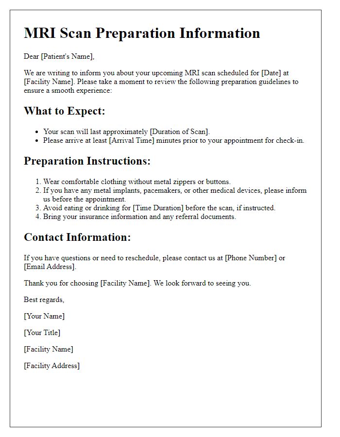 Letter template of MRI scan preparation for outpatient facility