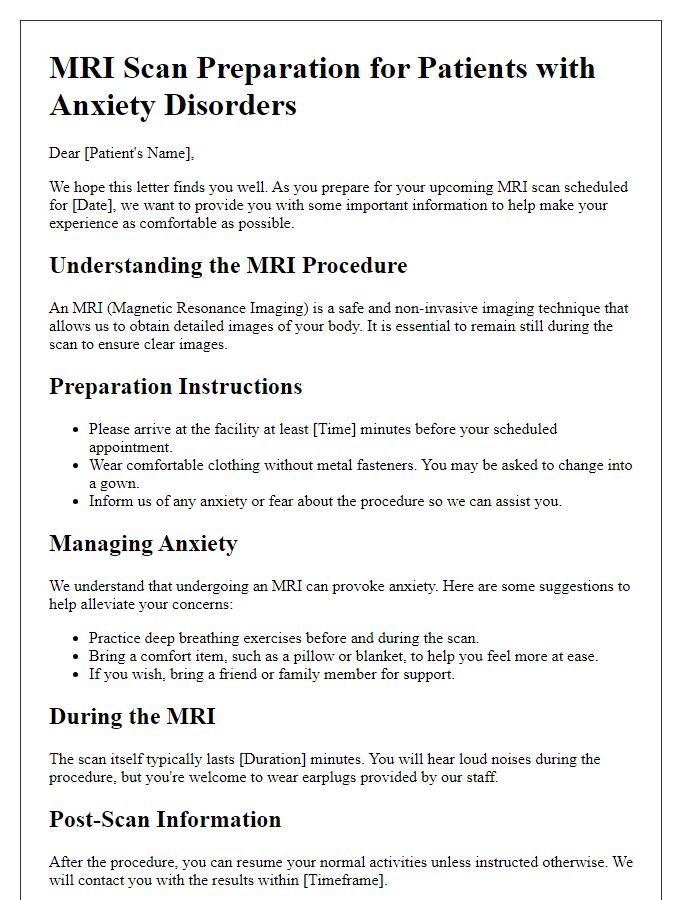 Letter template of MRI scan preparation for patients with anxiety disorders