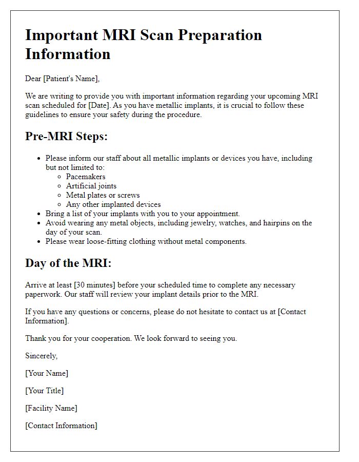 Letter template of MRI scan preparation for patients with metallic implants