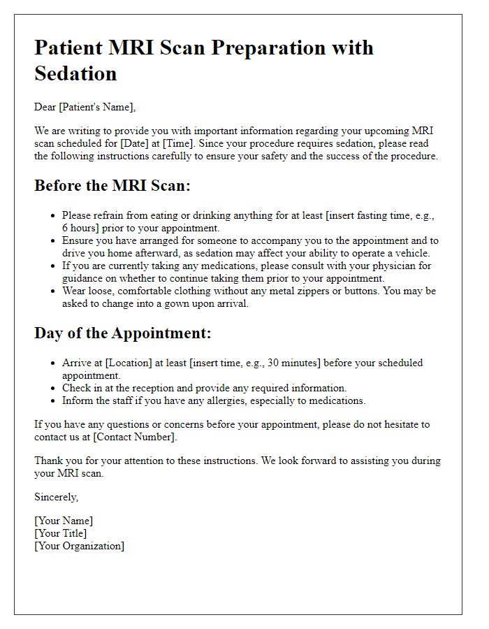 Letter template of MRI scan preparation for patients requiring sedation