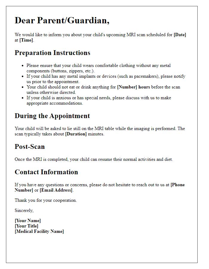 Letter template of MRI scan preparation for pediatric patients