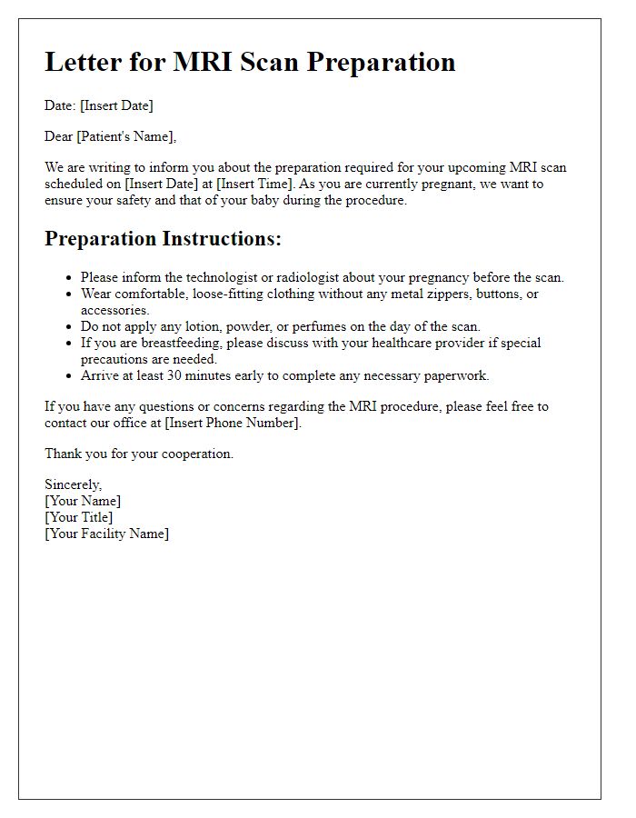 Letter template of MRI scan preparation for pregnant women