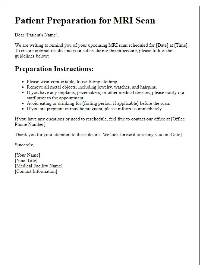 Letter template of MRI scan preparation for scheduled follow-up