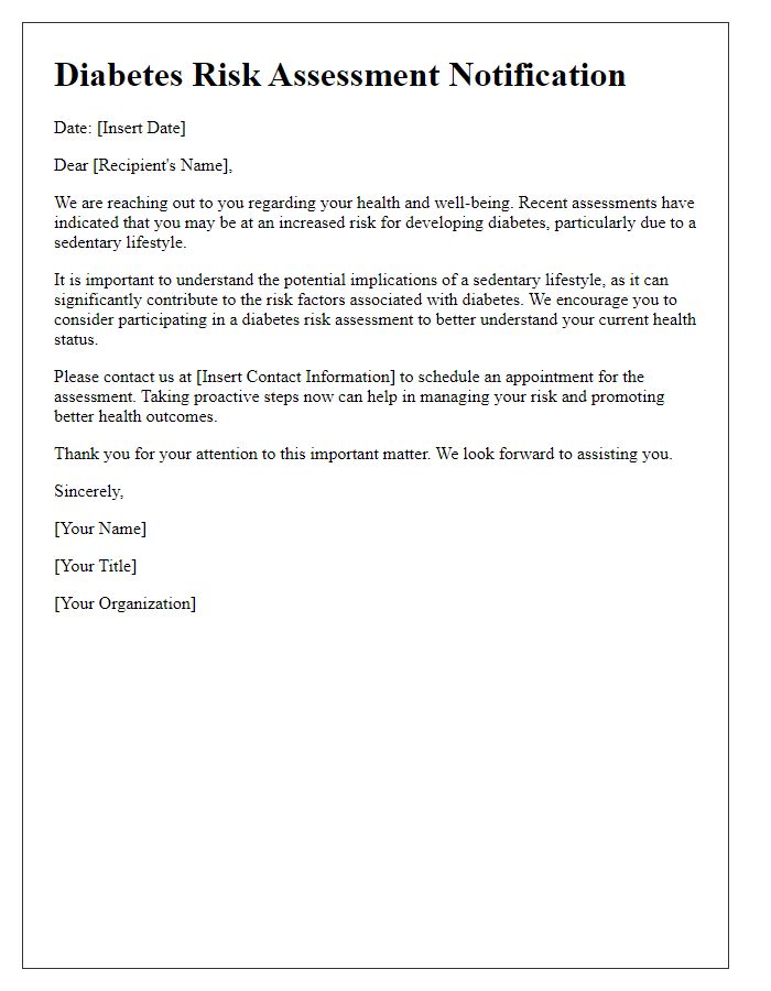 Letter template of diabetes risk assessment for individuals with sedentary lifestyles.