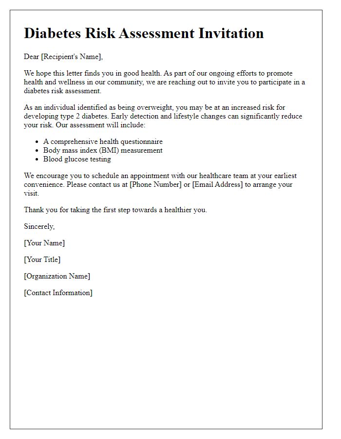 Letter template of diabetes risk assessment for overweight individuals.