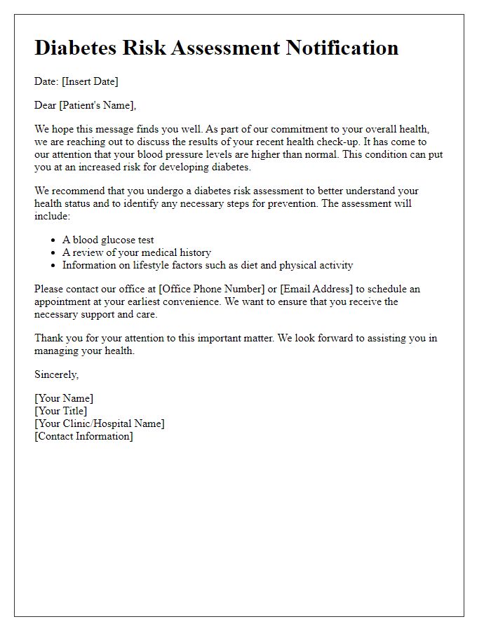 Letter template of diabetes risk assessment for patients with high blood pressure.