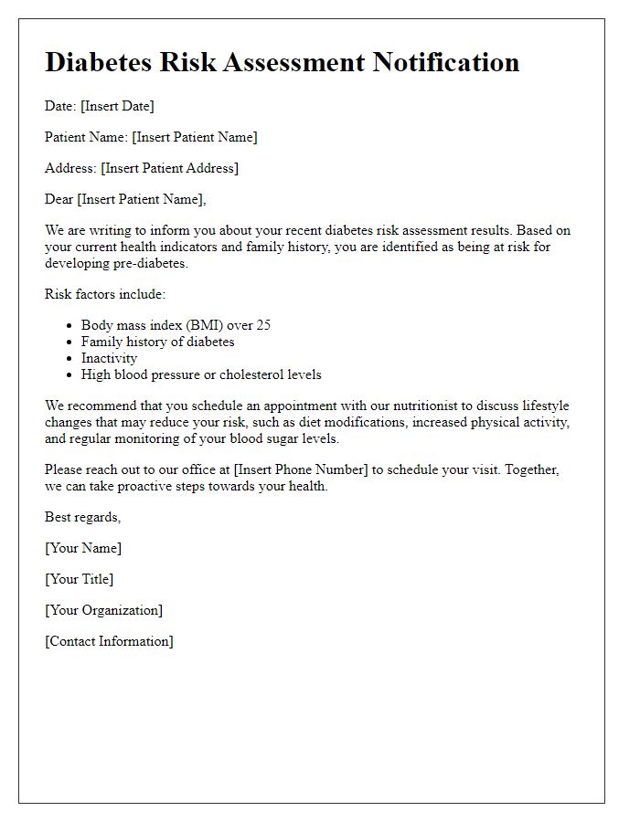 Letter template of diabetes risk assessment for pre-diabetic patients.