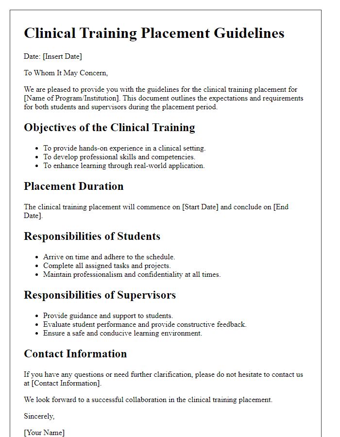 Letter template of clinical training placement guidelines