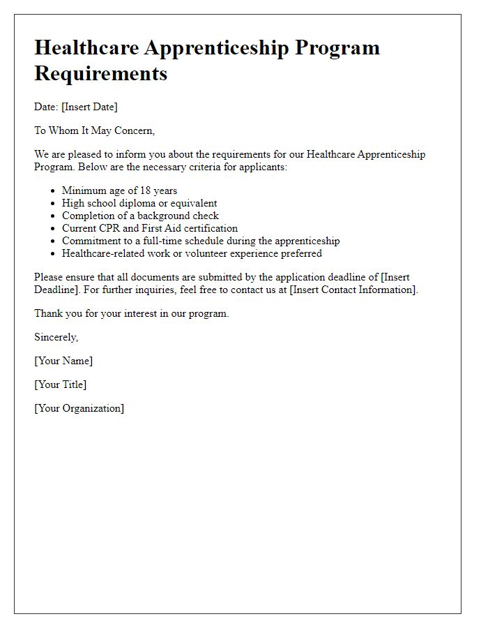 Letter template of healthcare apprenticeship requirements