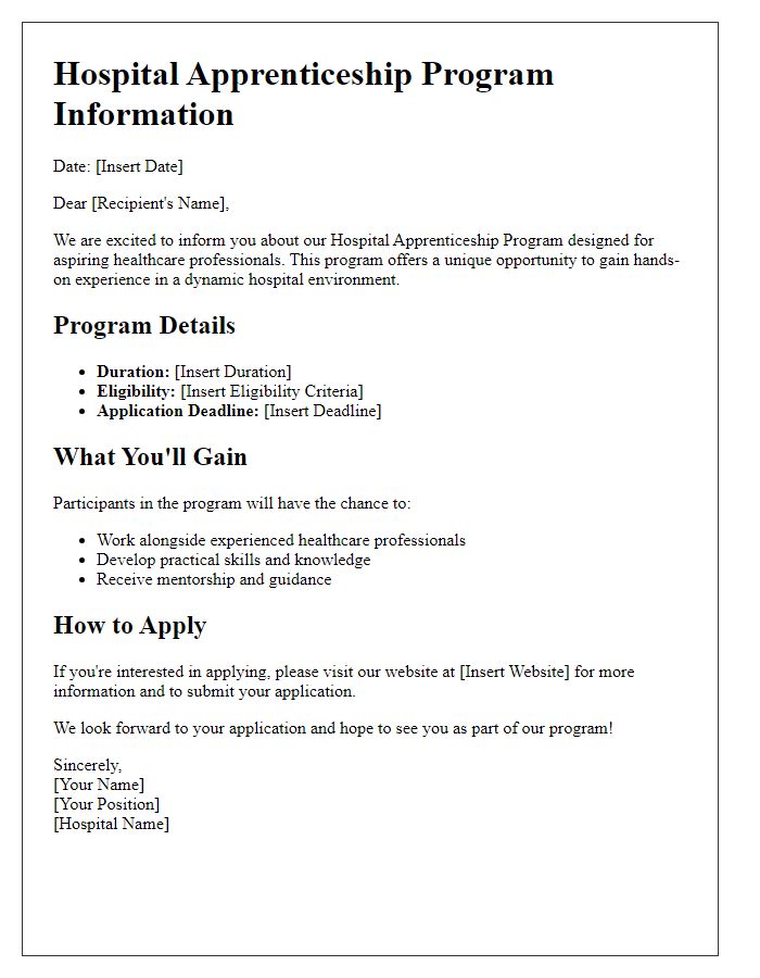 Letter template of hospital apprenticeship program information