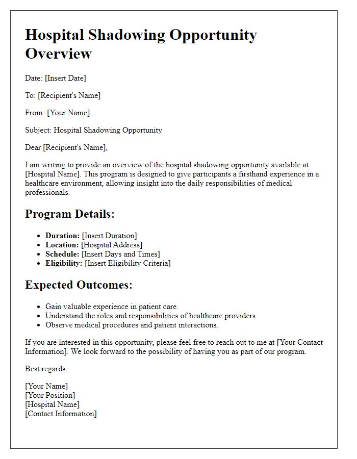 Letter template of hospital shadowing opportunity overview