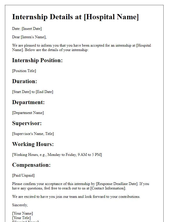 Letter template of internship details at the hospital