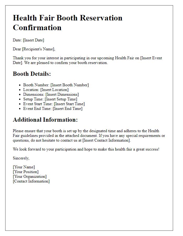 Letter template of health fair booth reservation