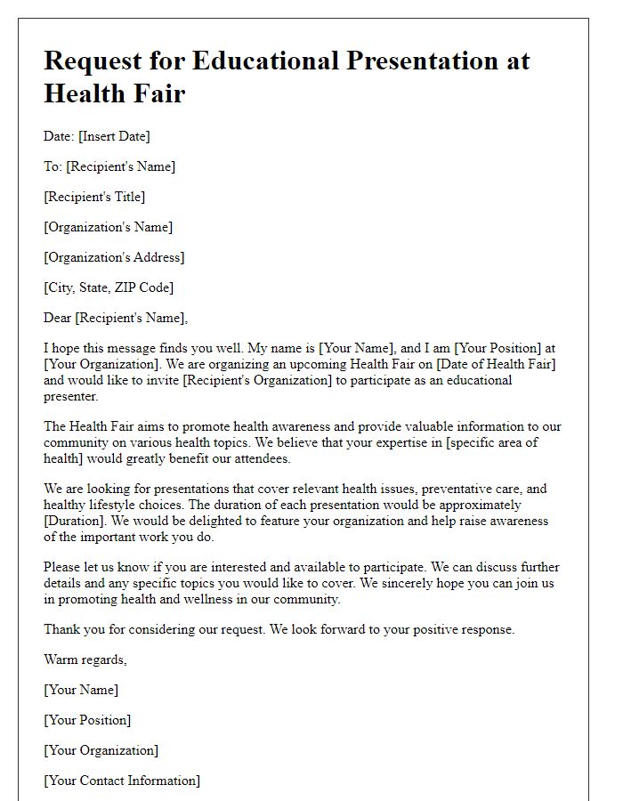 Letter template of health fair educational presentation request