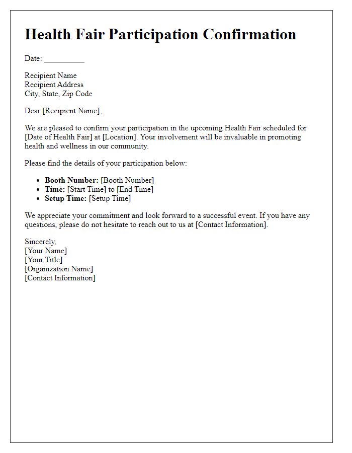 Letter template of health fair participation confirmation