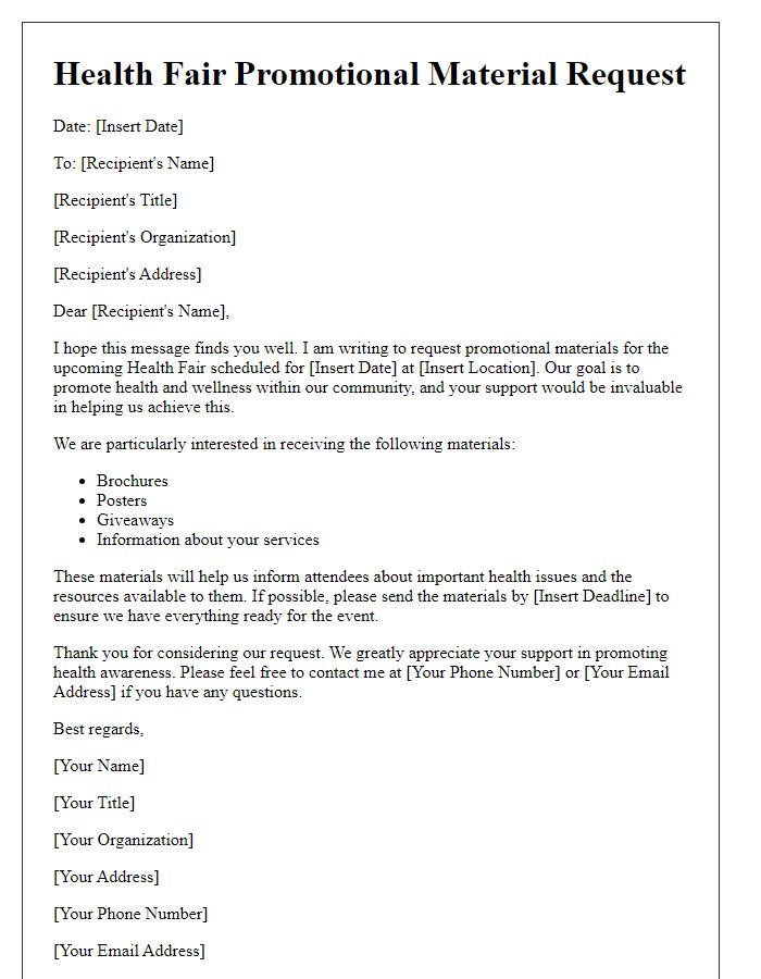 Letter template of health fair promotional material request