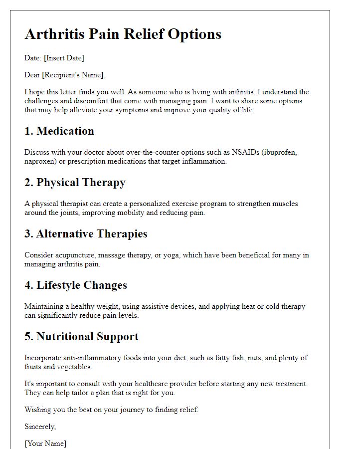 Letter template of arthritis pain relief options