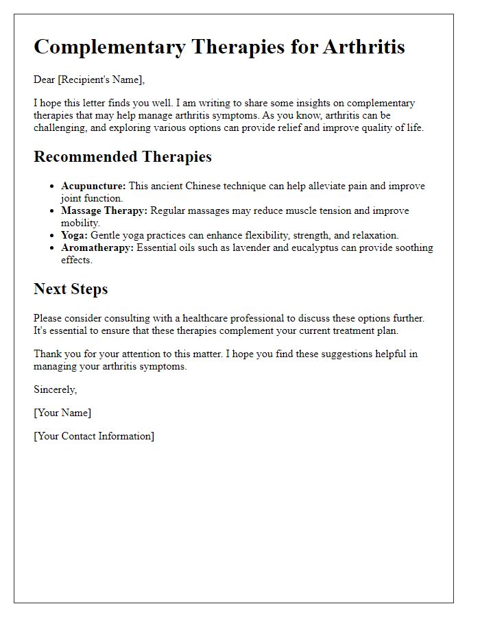 Letter template of complementary therapies for arthritis