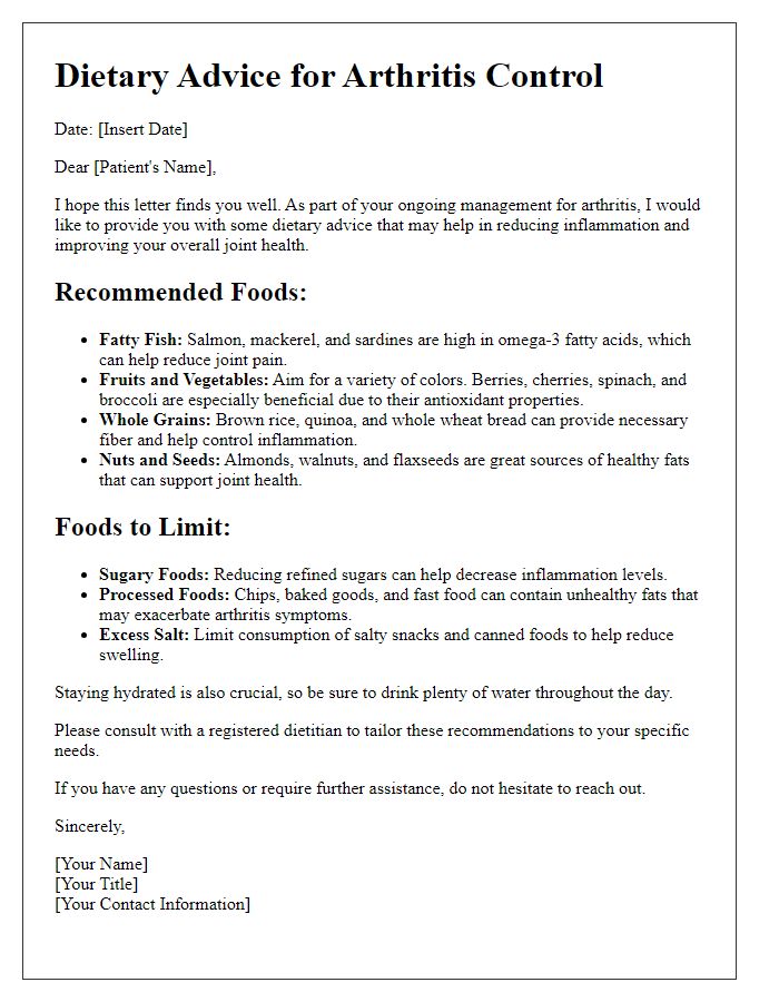 Letter template of dietary advice for arthritis control