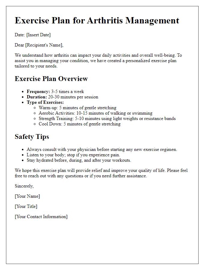 Letter template of exercise plans for arthritis sufferers