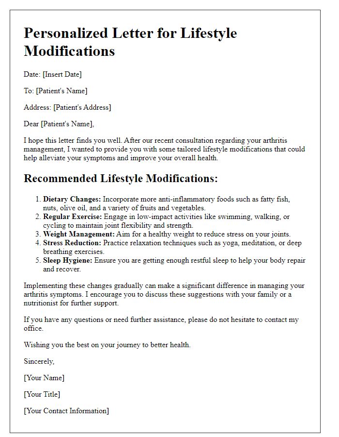 Letter template of lifestyle modifications for arthritis