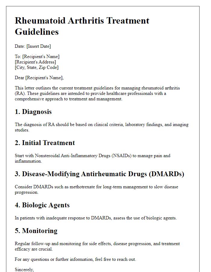 Letter template of rheumatoid arthritis treatment guidelines