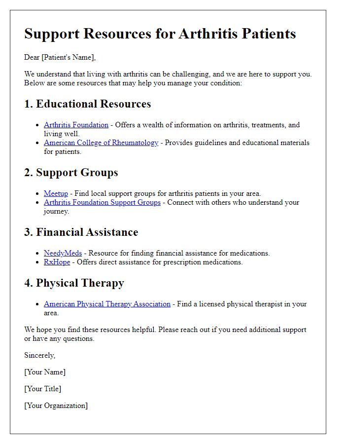 Letter template of support resources for arthritis patients