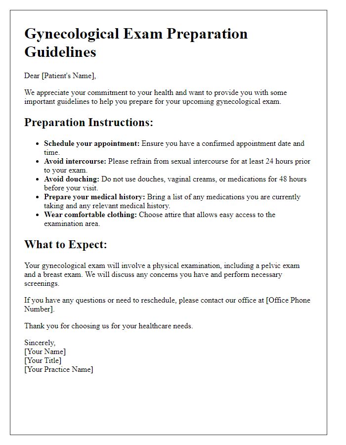 Letter template of gynecological exam preparation guidelines