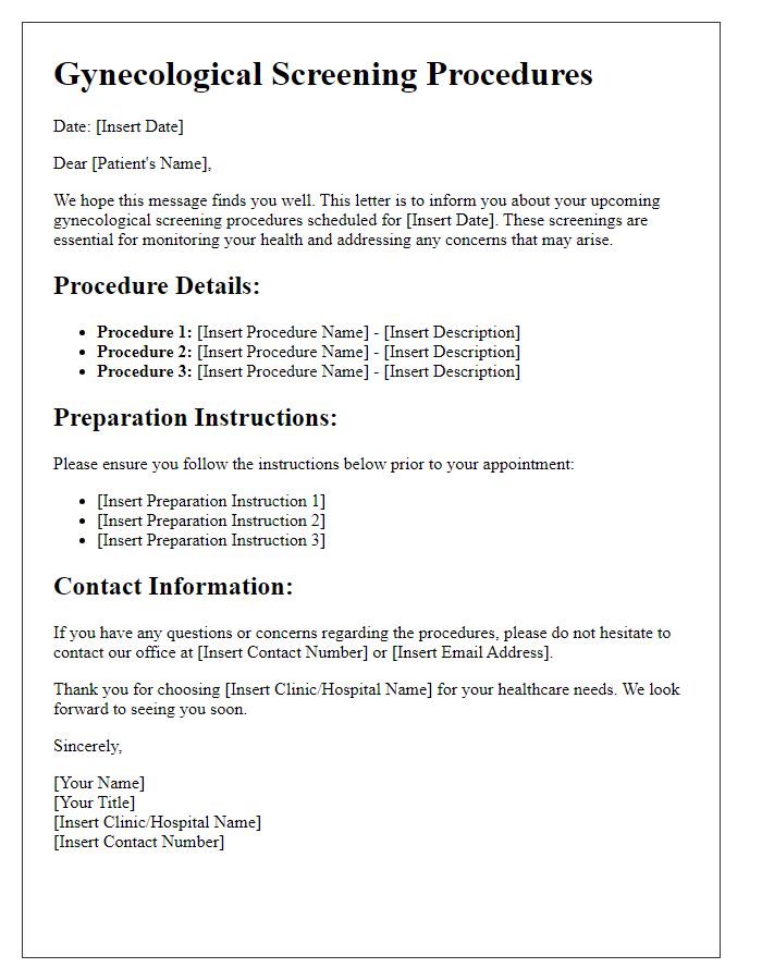 Letter template of gynecological screening procedures