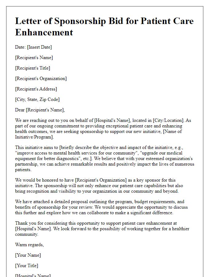 Letter template of hospital sponsorship bid for patient care enhancement