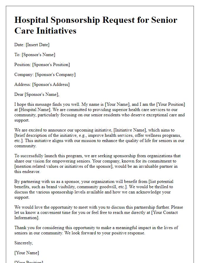 Letter template of hospital sponsorship outline for senior care initiatives