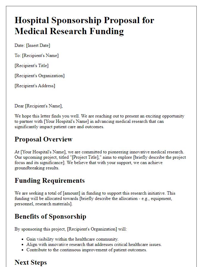 Letter template of hospital sponsorship plan for medical research funding