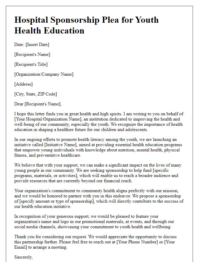 Letter template of hospital sponsorship plea for youth health education