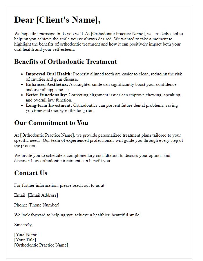 Letter template of orthodontic treatment benefits for potential clients