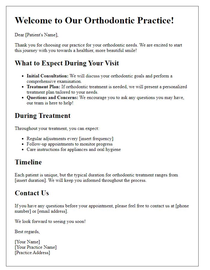 Letter template of orthodontic treatment expectations for first-time visitors