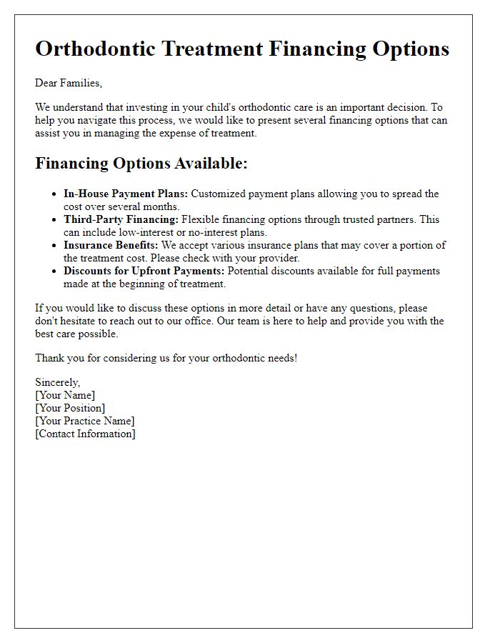 Letter template of orthodontic treatment financing options for interested families